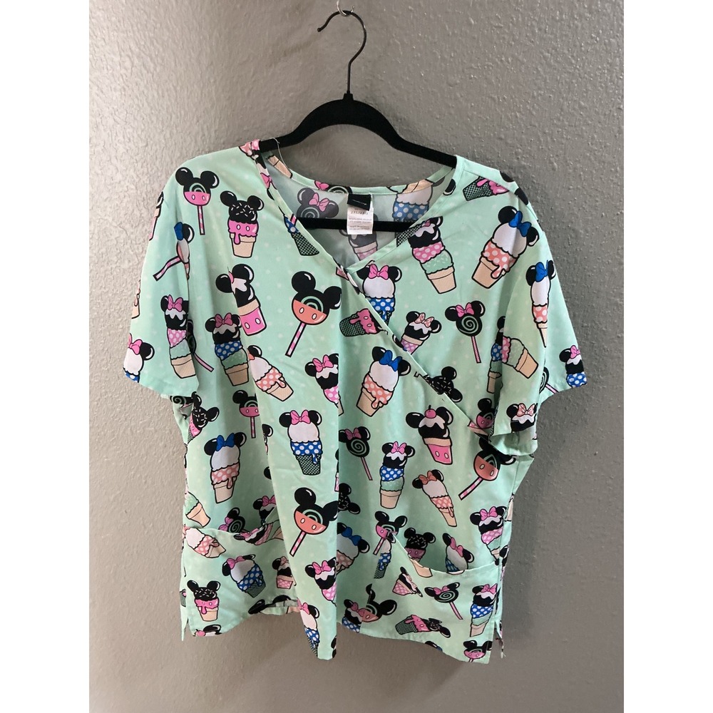Disney Scrub Top Womens 2XL Mint Green Excellent Minnie Mouse Ice Cream Print